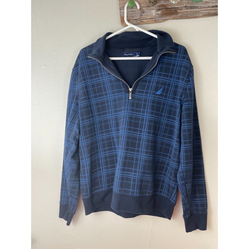 Men's Large Nautica Sweater Cotton Poly Blend 1/4 Zip Blue Plaid L/S Pullover